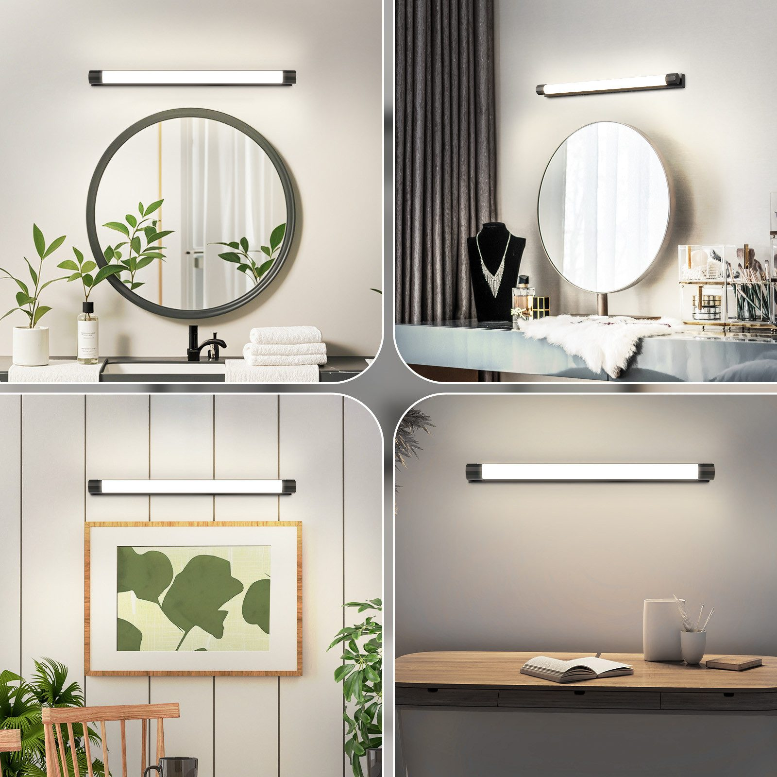 Quattro scene mostrano una luce lineare sopra specchi, arte e una scrivania.