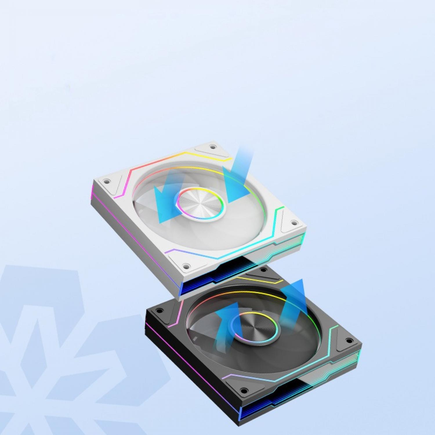 Zwei Lüfter, weiß und schwarz, mit RGB-Beleuchtung und blauen Pfeilen.