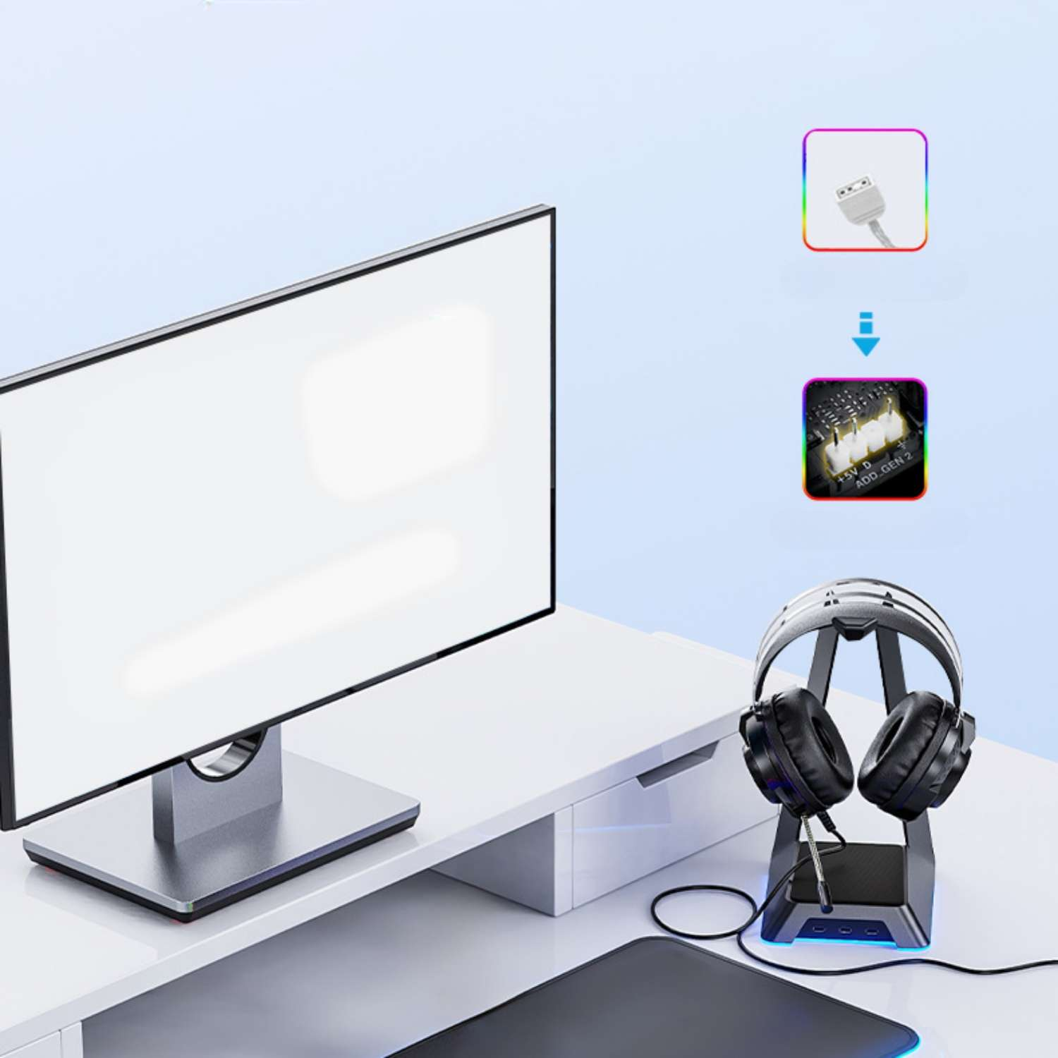Ein Gaming-Headset-Ständer mit RGB-Beleuchtung steht neben einem Monitor.