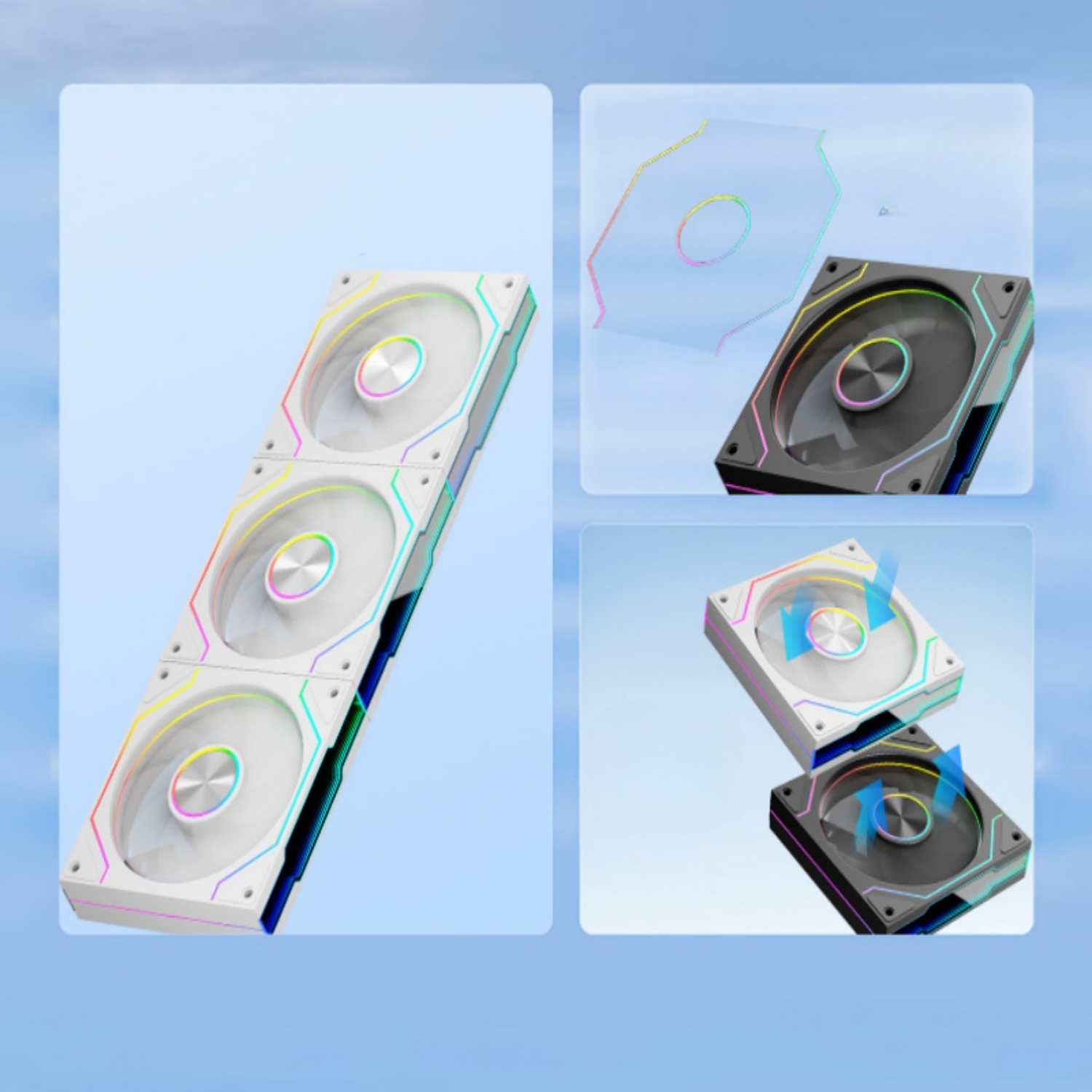 Drei weiße Lüfter nebeneinander mit RGB-Beleuchtung. Daneben ein schwarzer Lüfter.