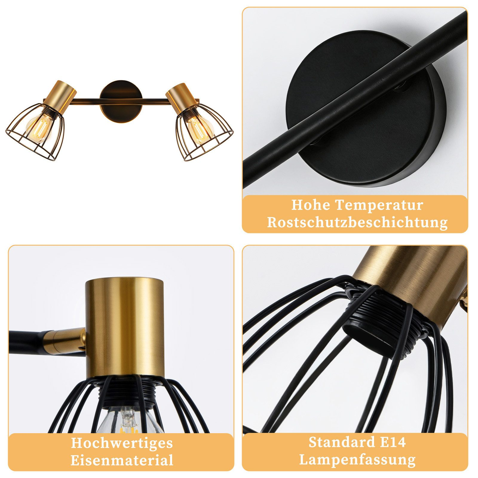 Due lampade nere con cilindri dorati e gabbie metalliche.