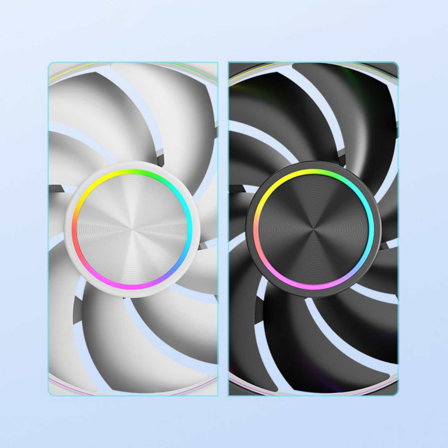 Zwei Lüfter nebeneinander, einer weiß, einer schwarz, beide mit RGB-Beleuchtung.