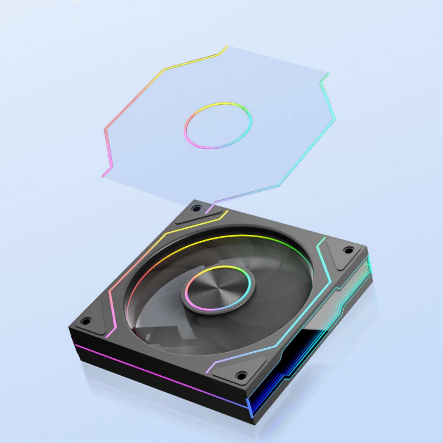 Ein schwarzer Lüfter mit RGB-Beleuchtung, mit einer transparenten Abdeckung darüber.
