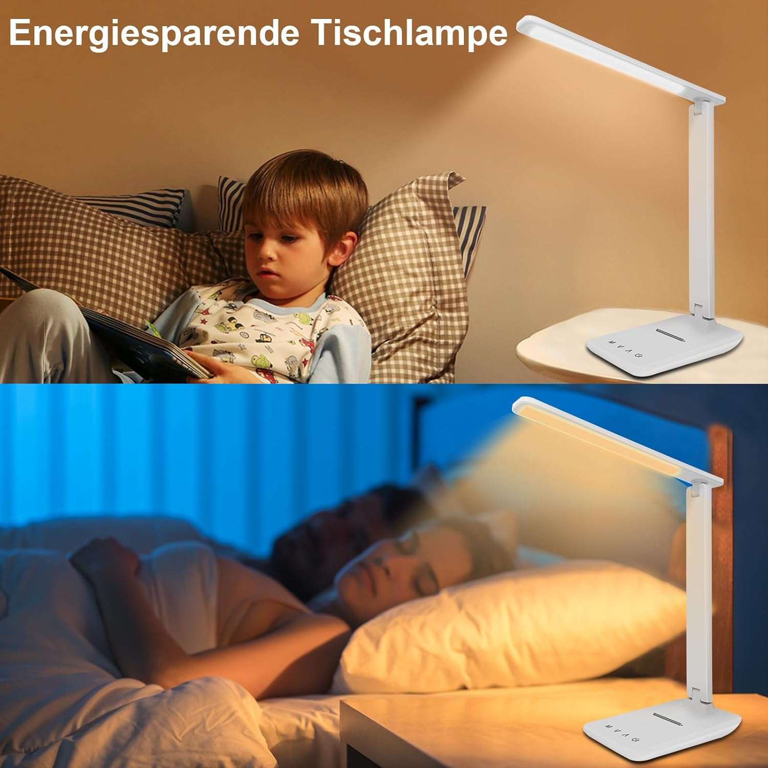 Kind liest Buch bei Nacht, Paar schläft im Bett, Nachttischlampe leuchtet.