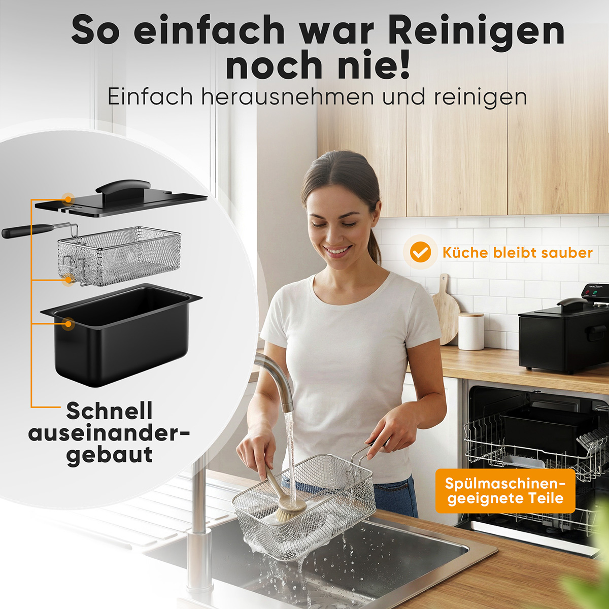 Eine Frau reinigt einen Frittierkorb in der Küche. Zerlegte Teile sind zu sehen.