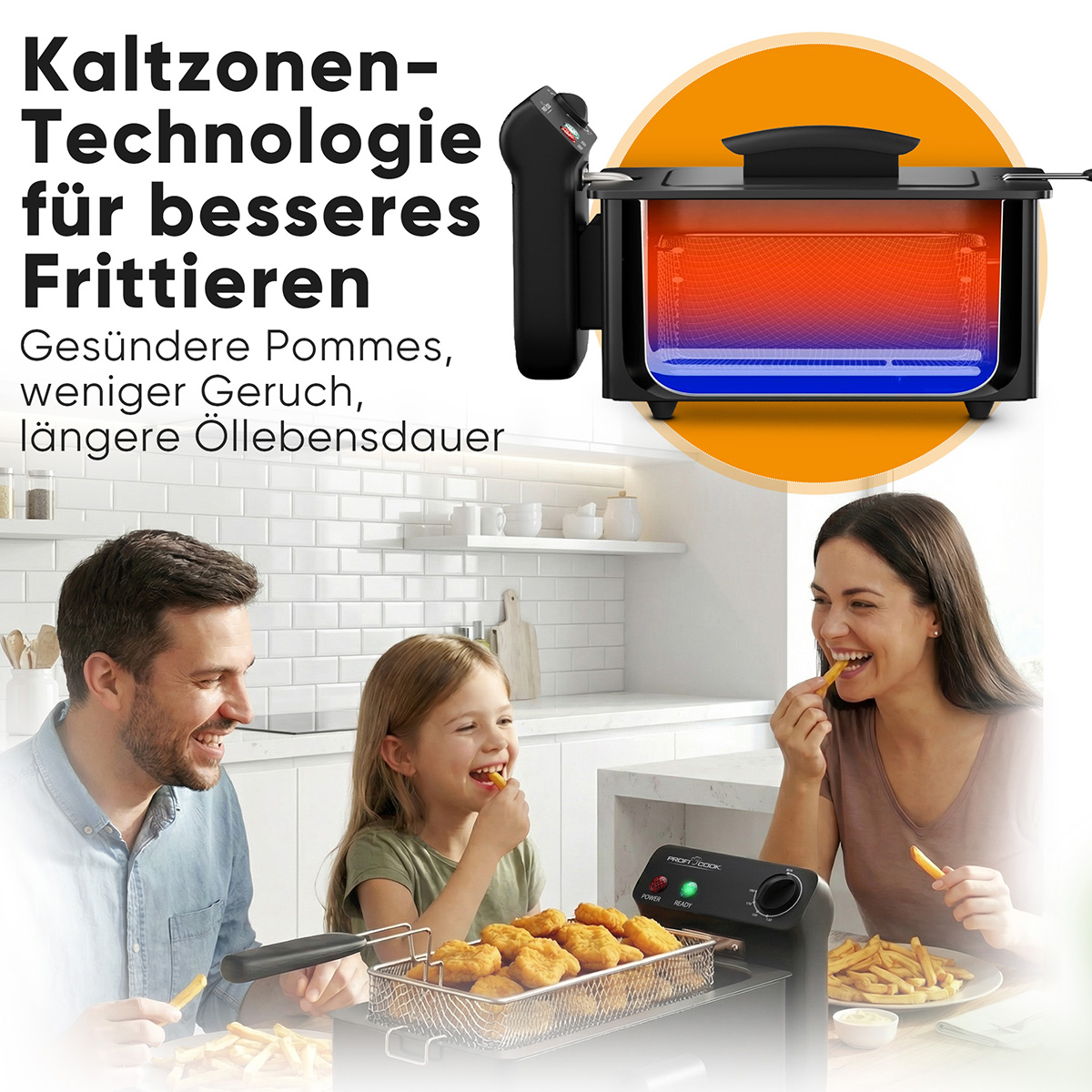 Familie isst Pommes aus einer Fritteuse mit Kaltzonen-Technologie.