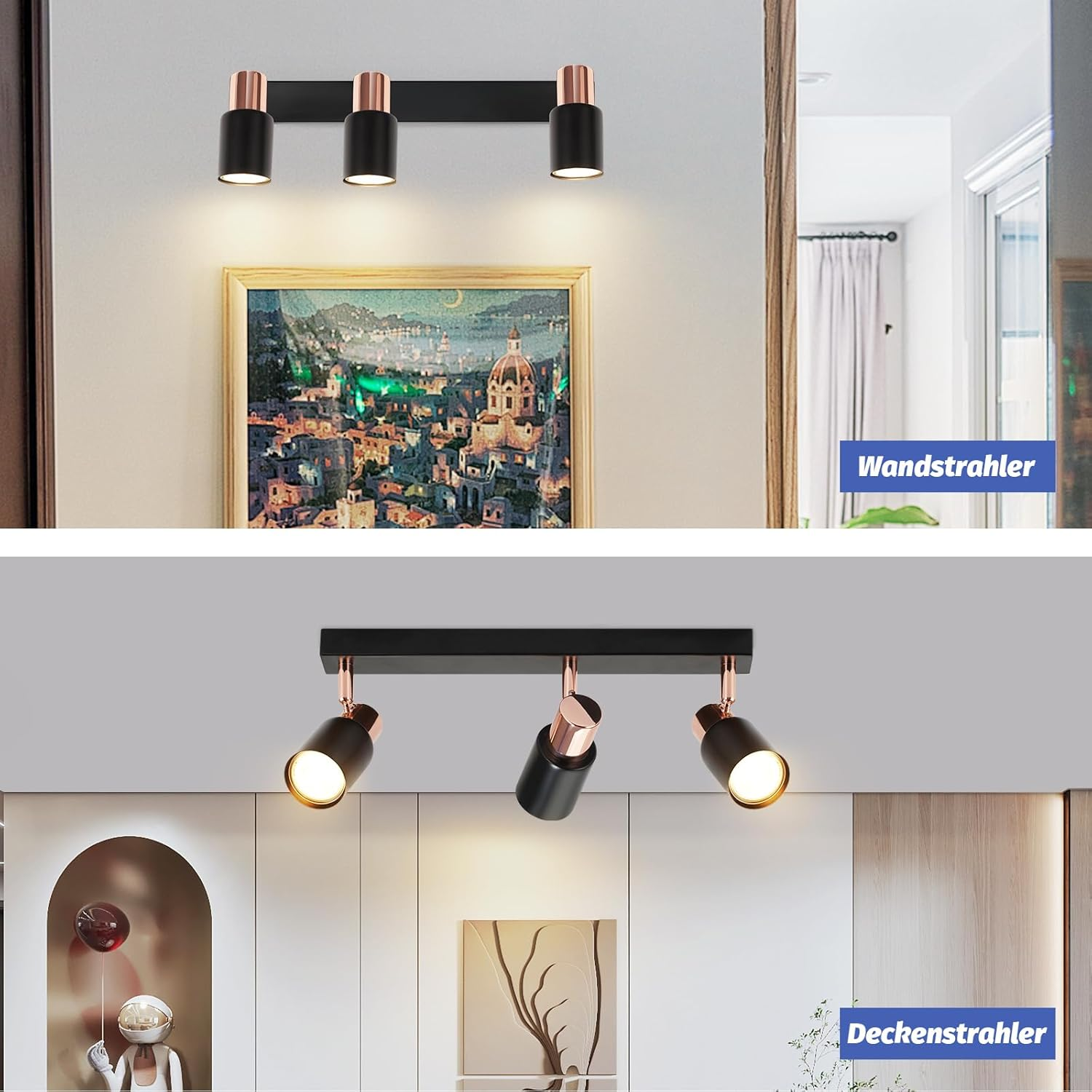 Una lampada da parete nera con tre accenti di rame illumina un quadro.
