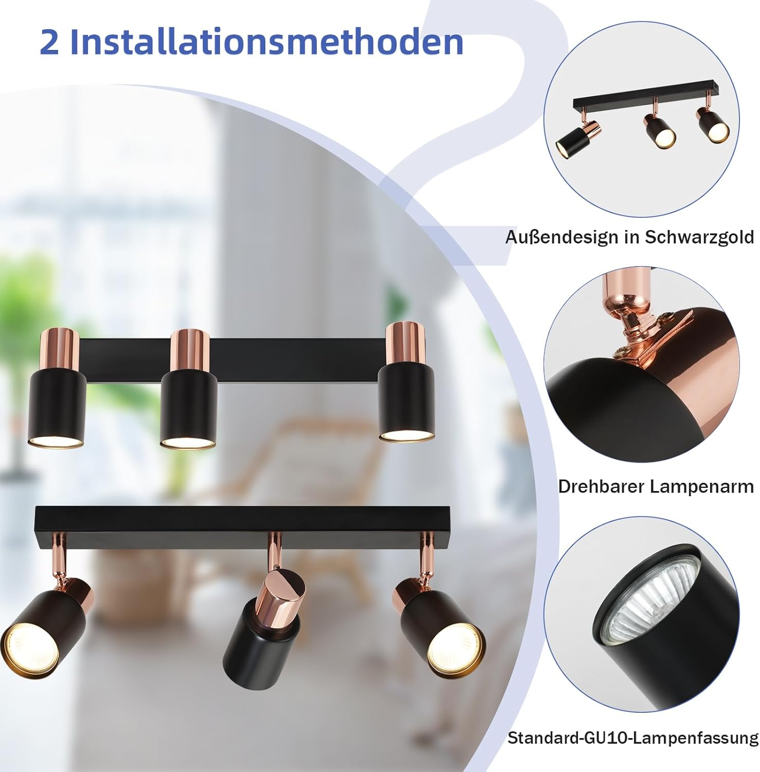 Faretti da soffitto neri con accenti color rame e attacco GU10.