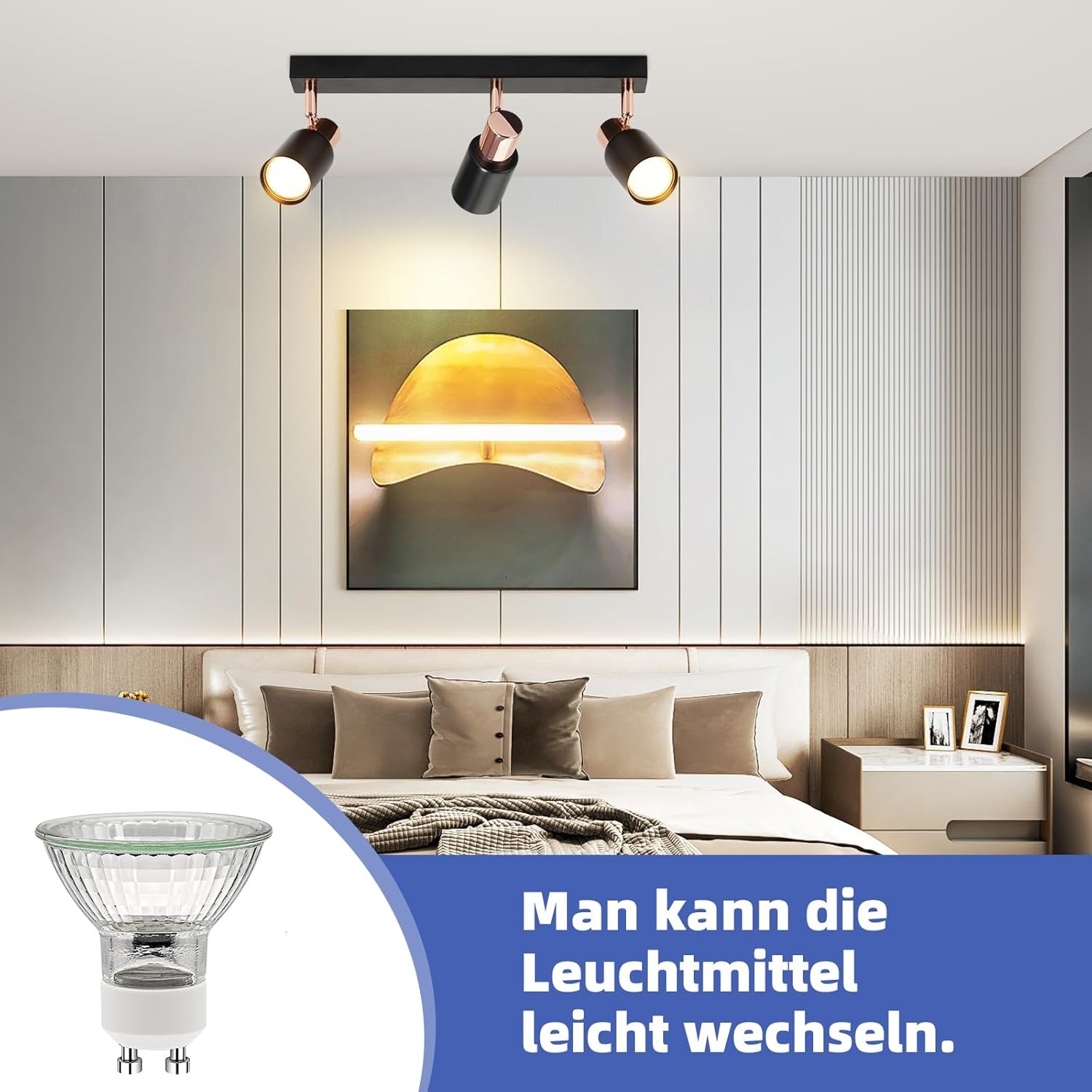 Un faretto moderno per camera da letto con lampadina e letto sullo sfondo.