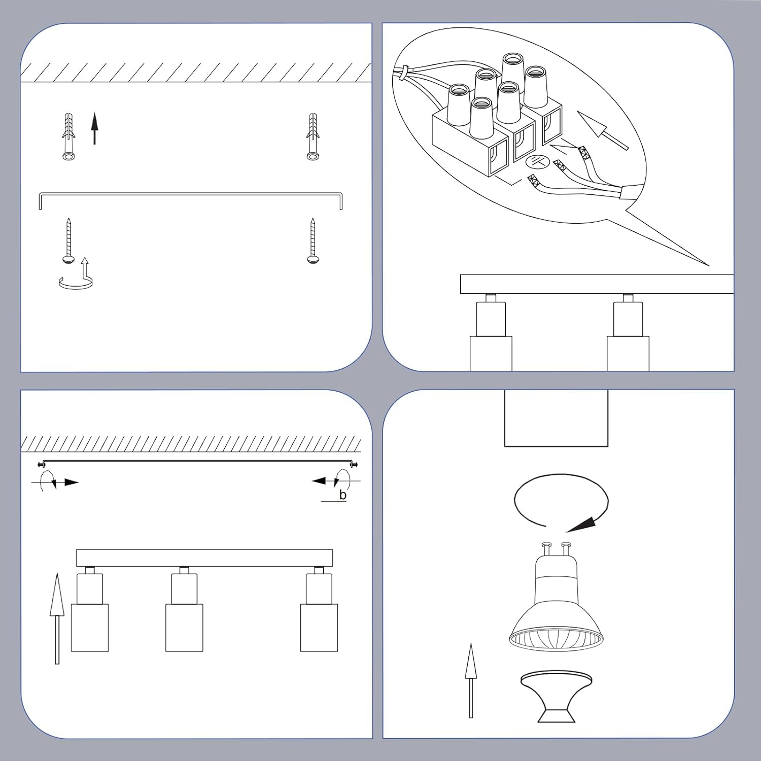 Guida all'installazione della lampada: montaggio a parete, cablaggio, fissaggio della lampada e inserimento lampadina.