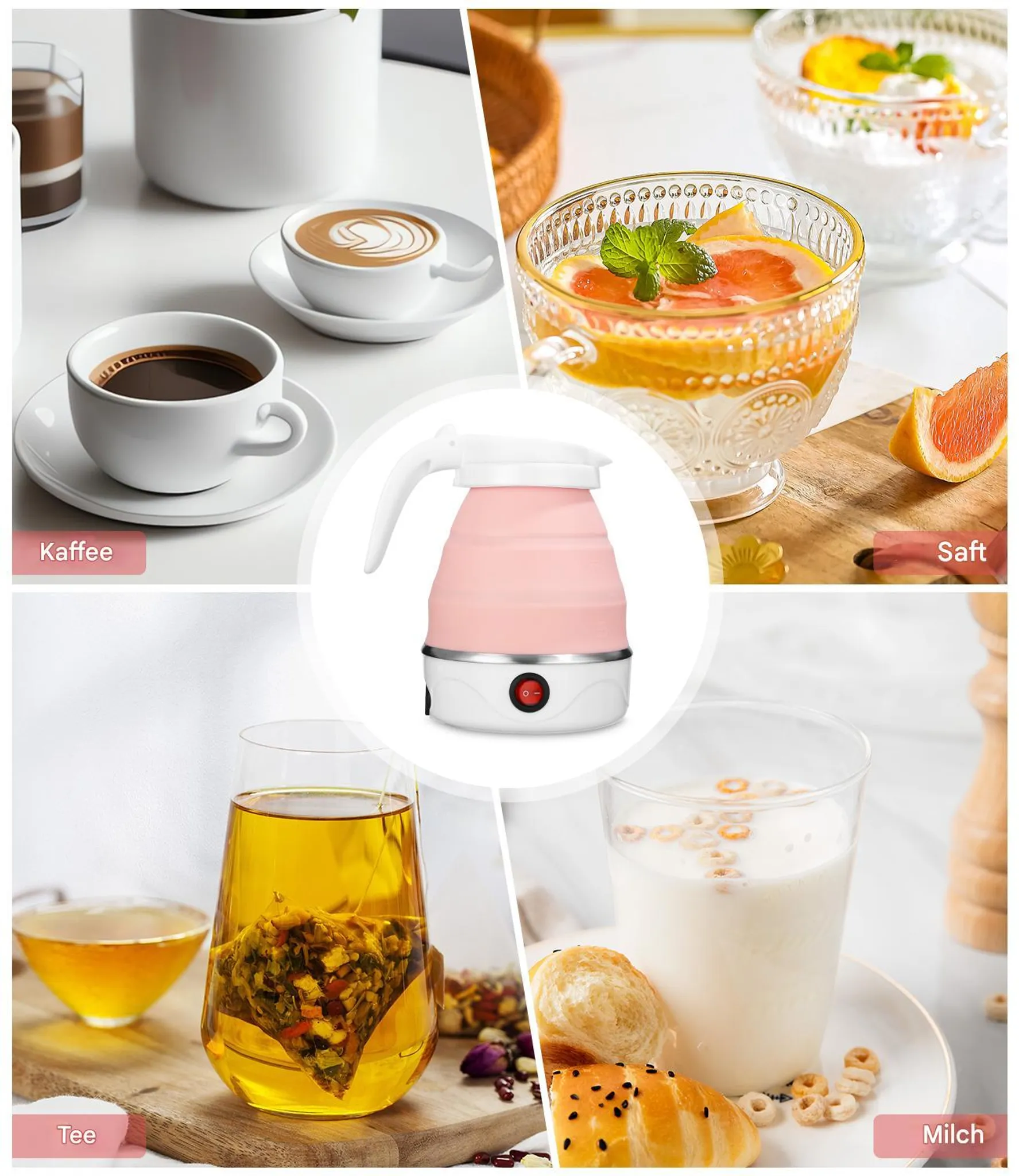 Kaffee, Saft, Tee und Milch mit Gebäck in einer Collage.