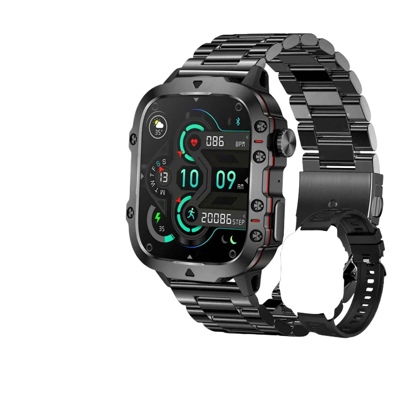 Schwarze Smartwatch mit Metallarmband, zeigt 35°C, 86 BPM, 13.10.09 Uhr, 20086 Schritte.