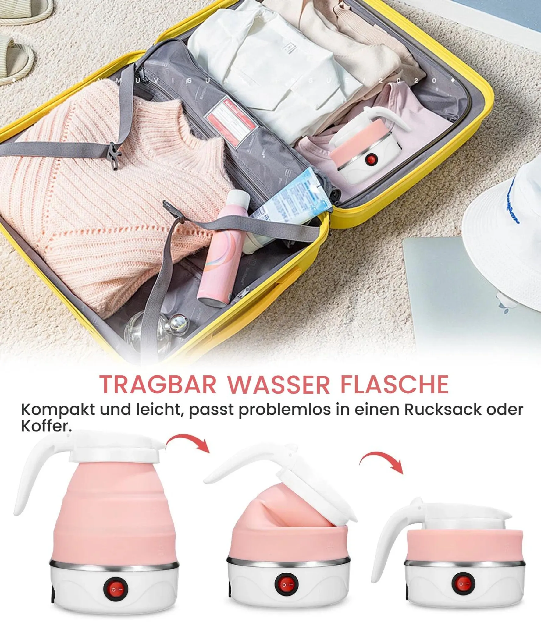 Ein gelber Koffer ist mit Kleidung und einem faltbaren Wasserkocher gepackt.