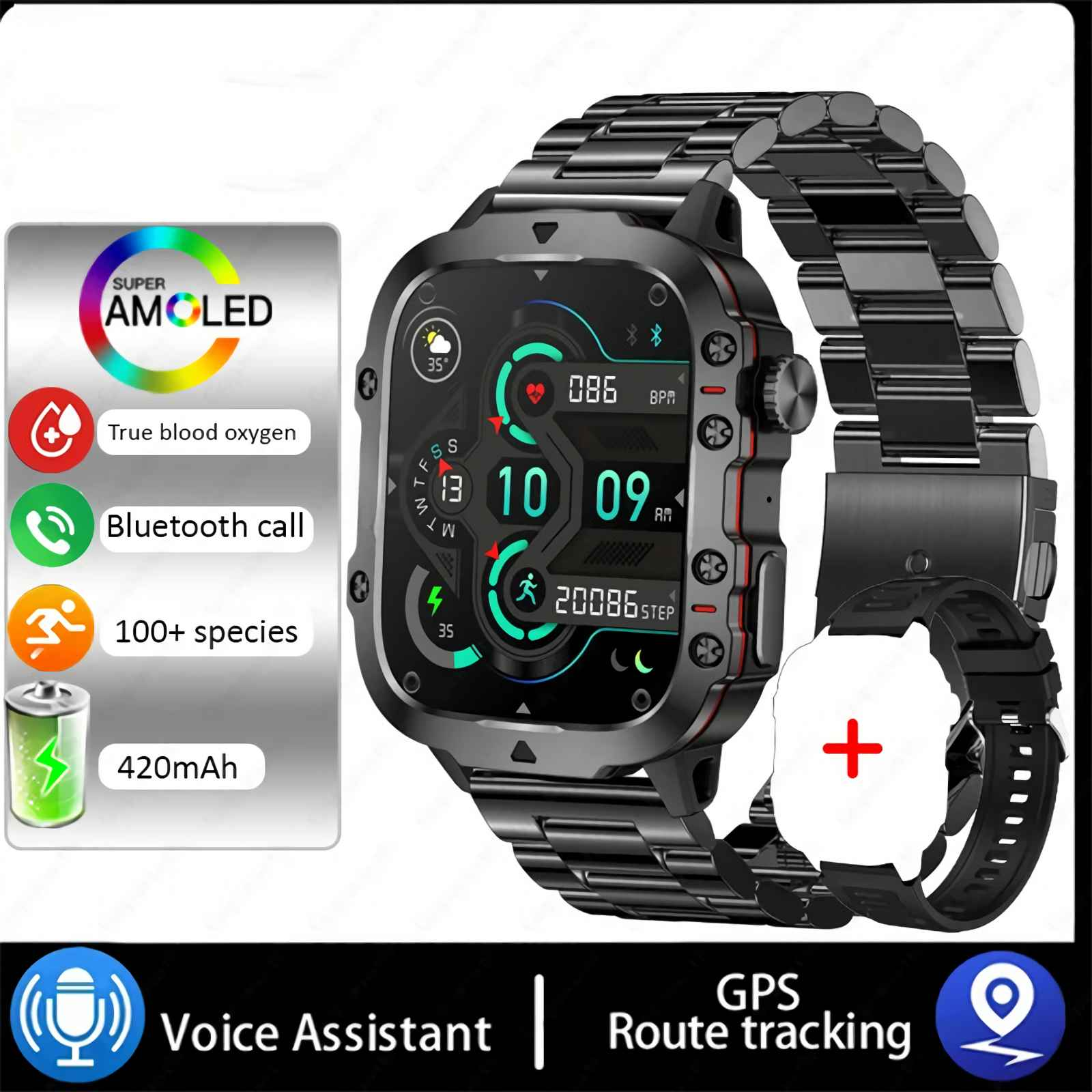 Eine schwarze Smartwatch mit AMOLED-Display zeigt Uhrzeit, Datum, Herzfrequenz und Schritte.
