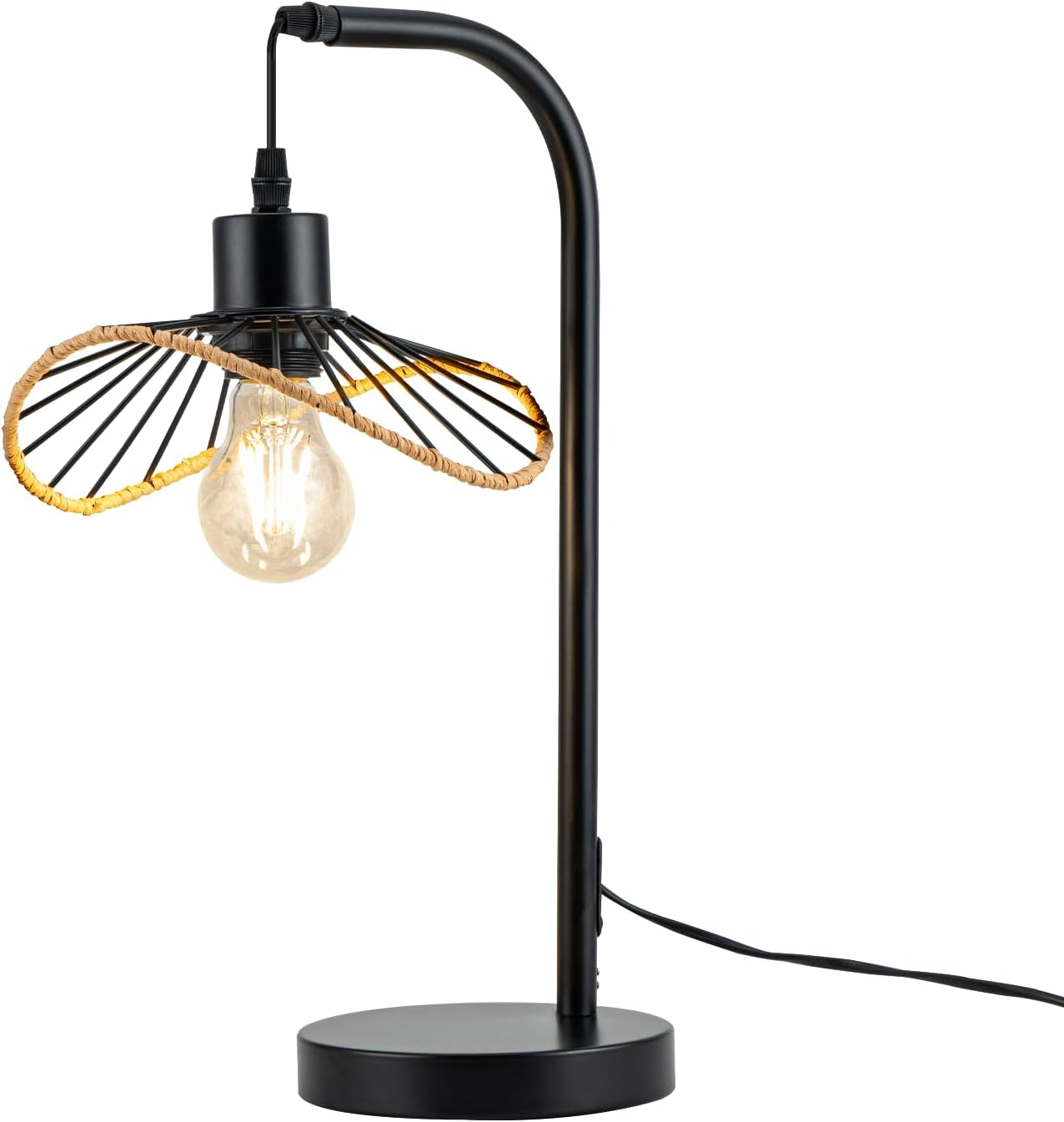 Czarna lampa stołowa z okrągłą podstawą i zakrzywionym ramieniem.