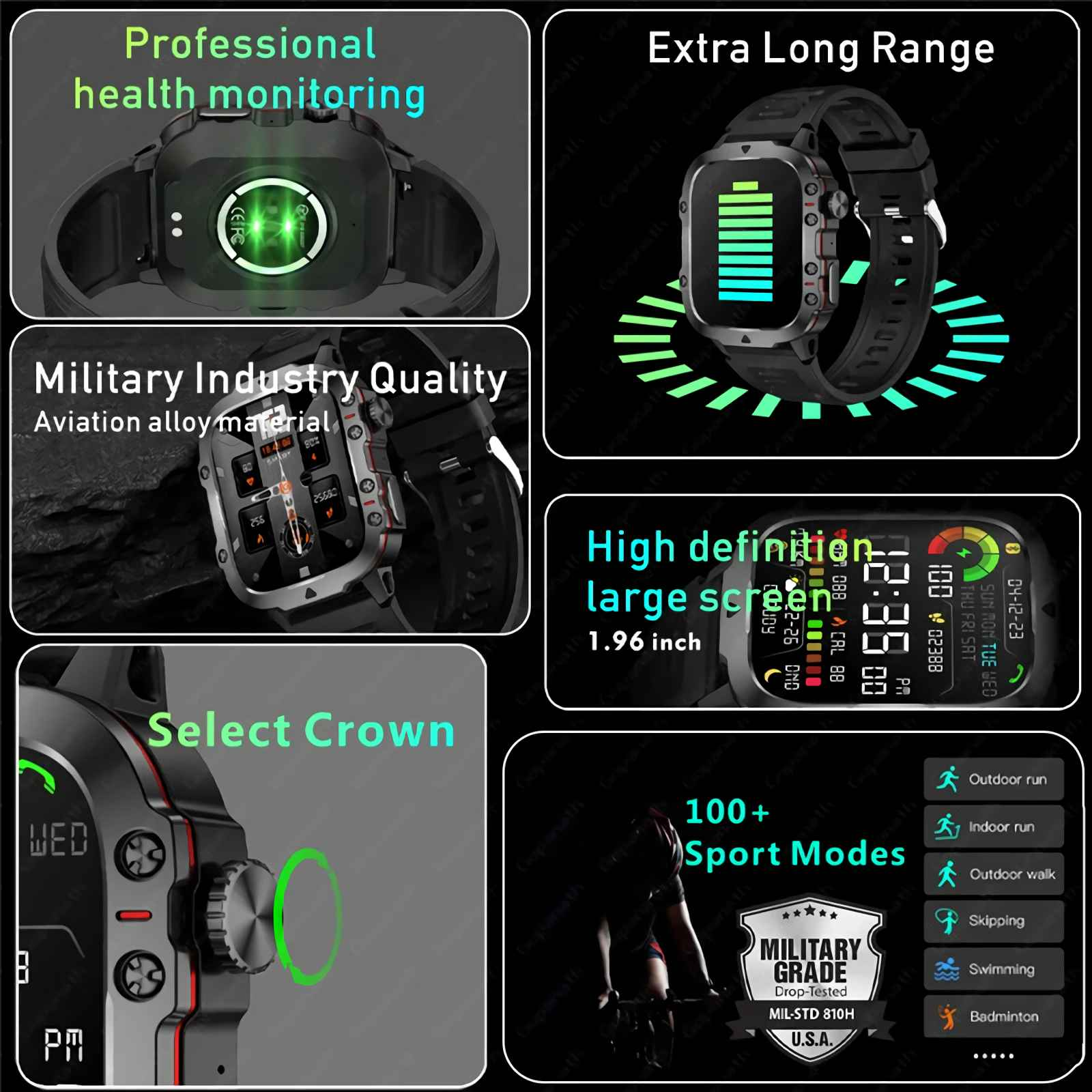 Smartwatch mit Gesundheitsüberwachung, langer Akkulaufzeit, Militärqualität und Sportmodi.