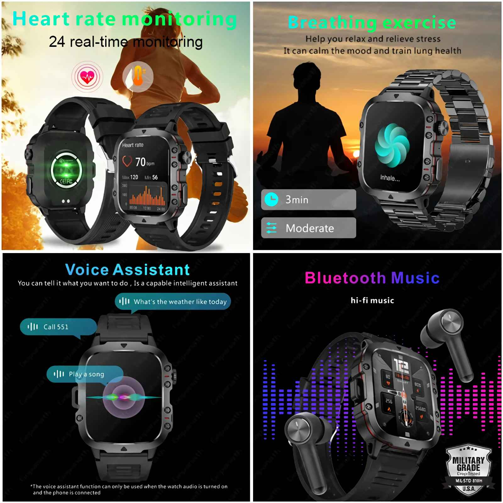 Vier geteilte Bilder mit Smartwatch-Funktionen: Herzfrequenz, Atmung, Sprachassistent, Musik.