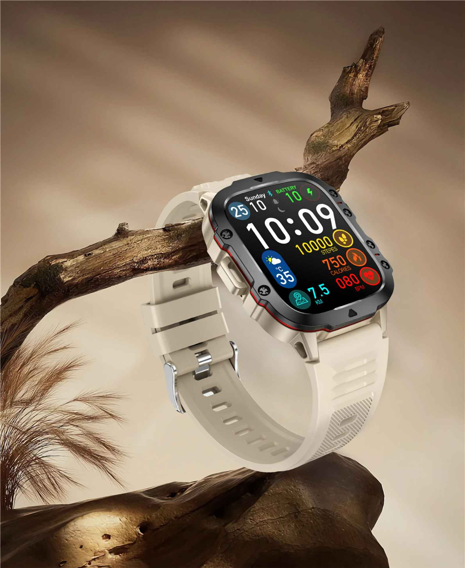 Eine helle Smartwatch mit weißem Armband liegt auf einem Ast.