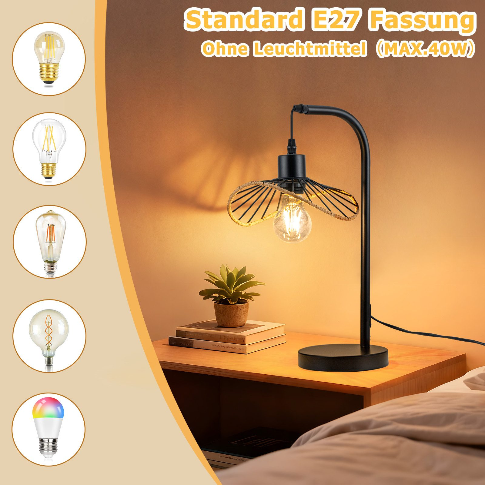 Un braccio di lampada da comodino nero con paralume decorativo che illumina una lampadina.