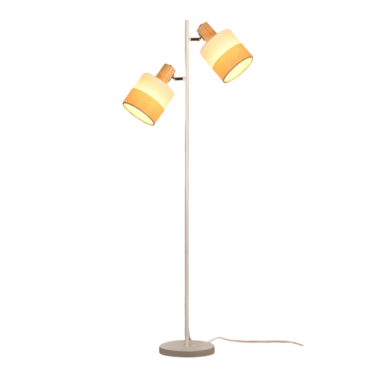 Lampada da terra con due paralumi regolabili in tessuto e legno.