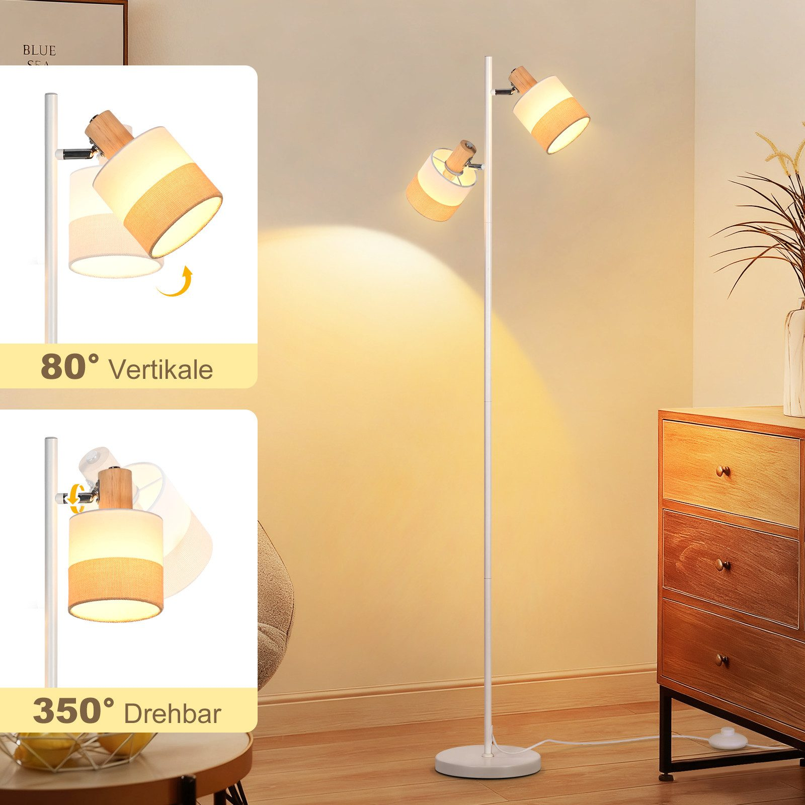 Lampada da terra moderna con due paralumi regolabili e accenti in legno.