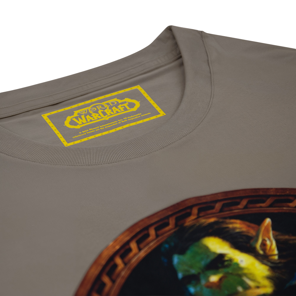 Graues T-Shirt mit World of Warcraft-Logo und einem Goblin-Gesicht.