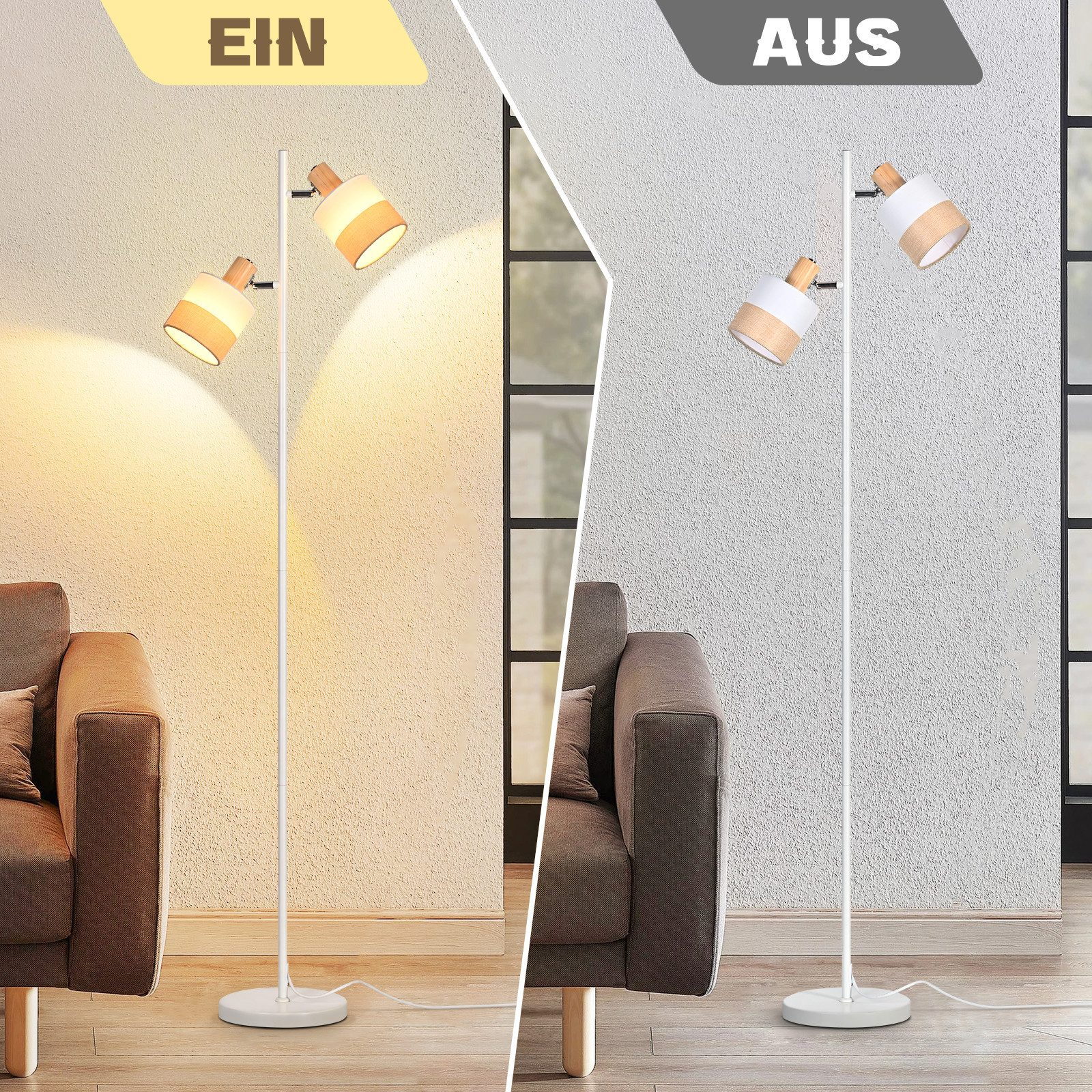 Lampada da terra con due teste orientabili, accesa e spenta.