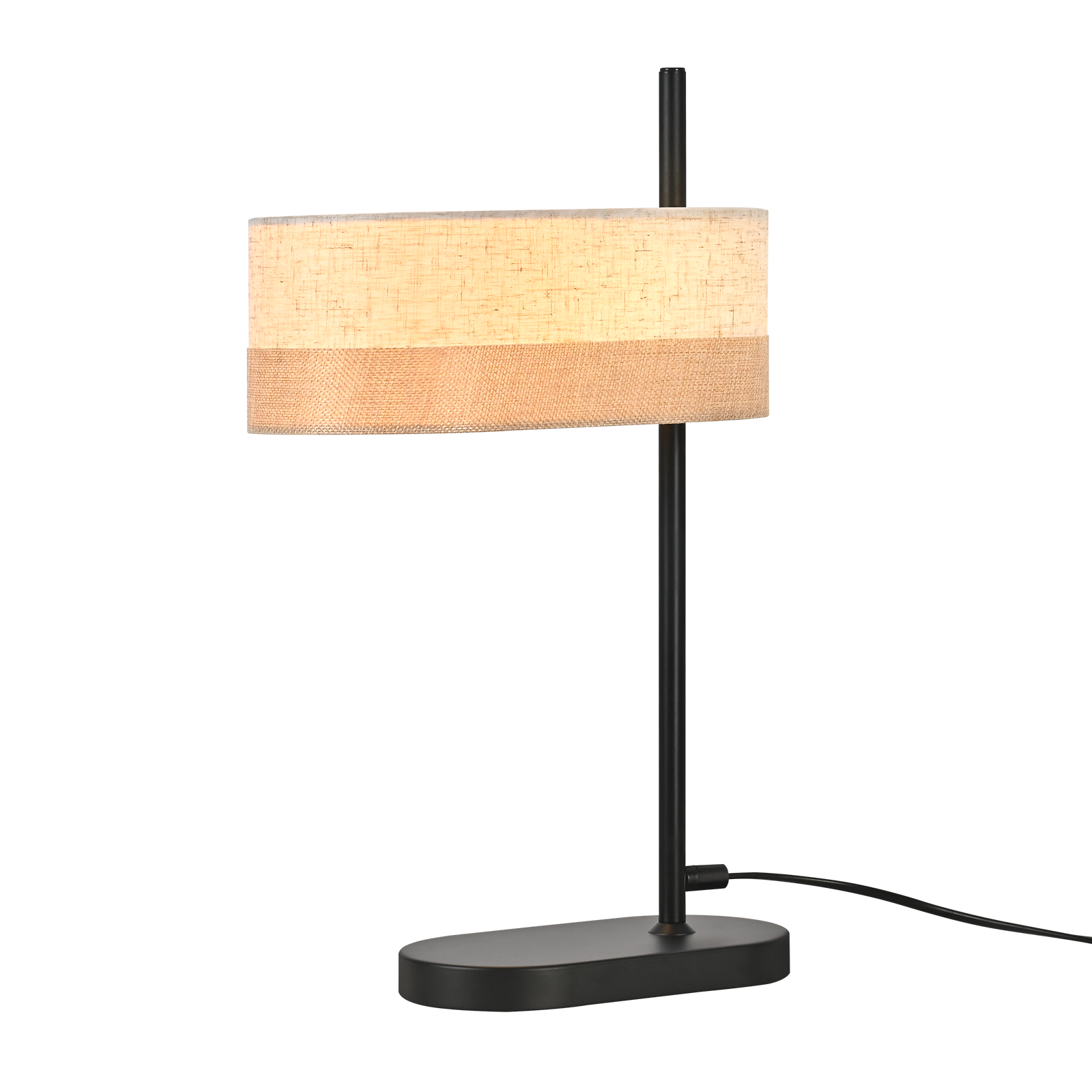 Una lampada da scrivania nera con base ovale e paralume in tessuto.