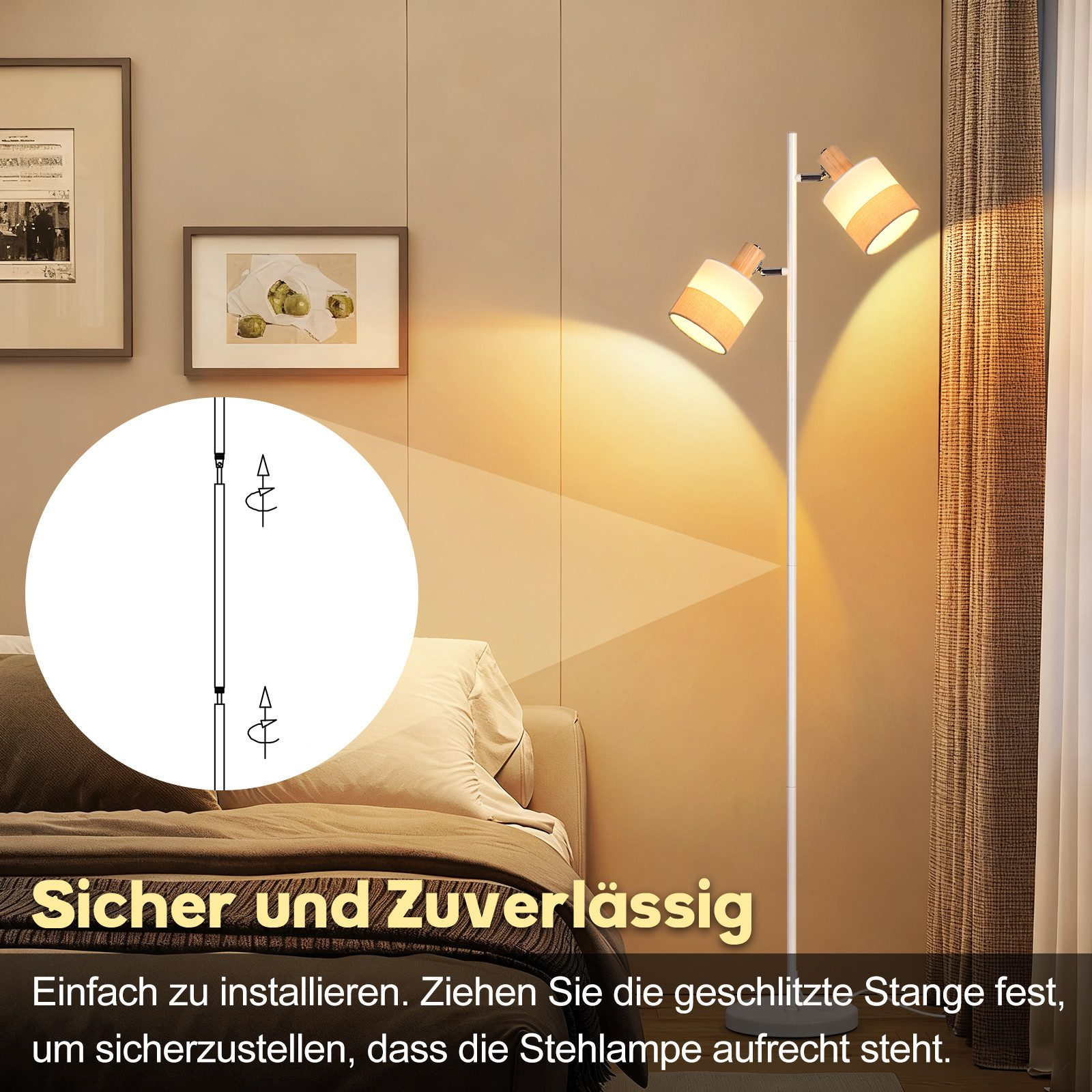 Una lampada da terra moderna con due paralumi regolabili illumina una stanza.