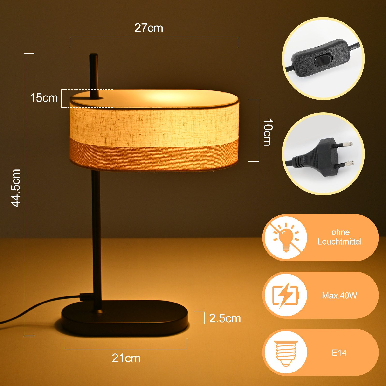 Una lampada da comodino con paralume rettangolare e base in metallo. Dimensioni indicate.