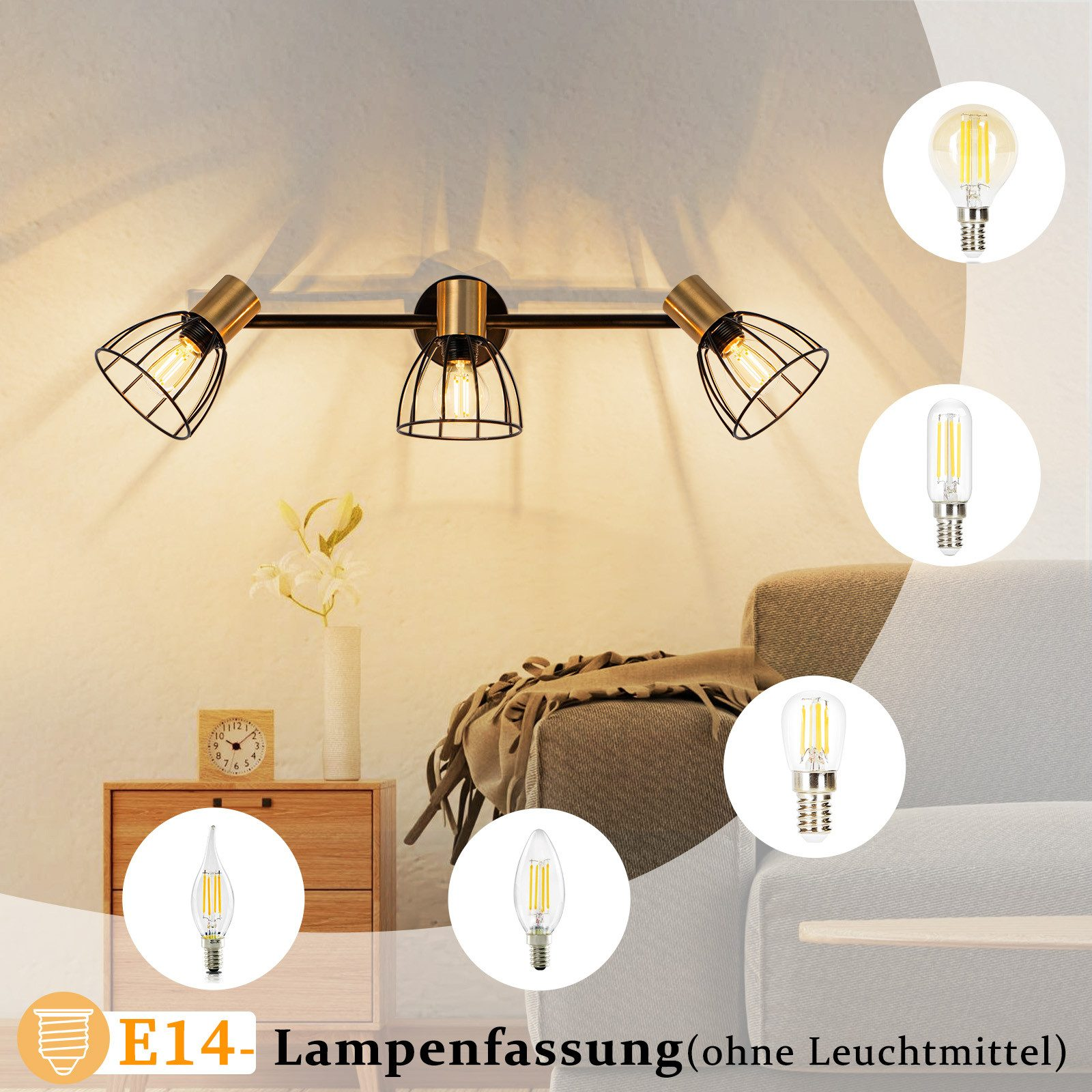 Tre portalampada con paralumi a gabbia, e quattro lampadine accanto.