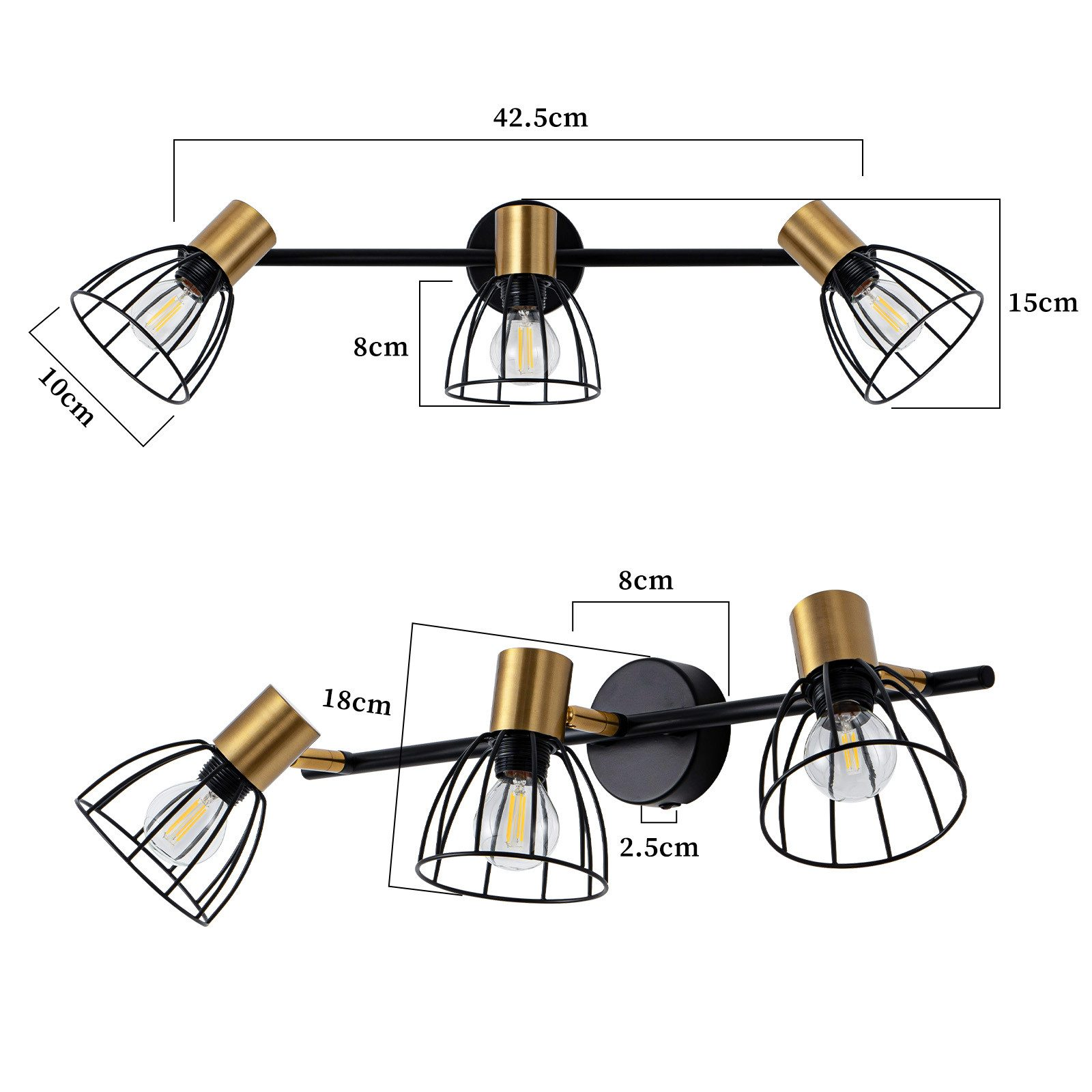 Lampada da soffitto nero e oro con tre paralumi regolabili e dimensioni.