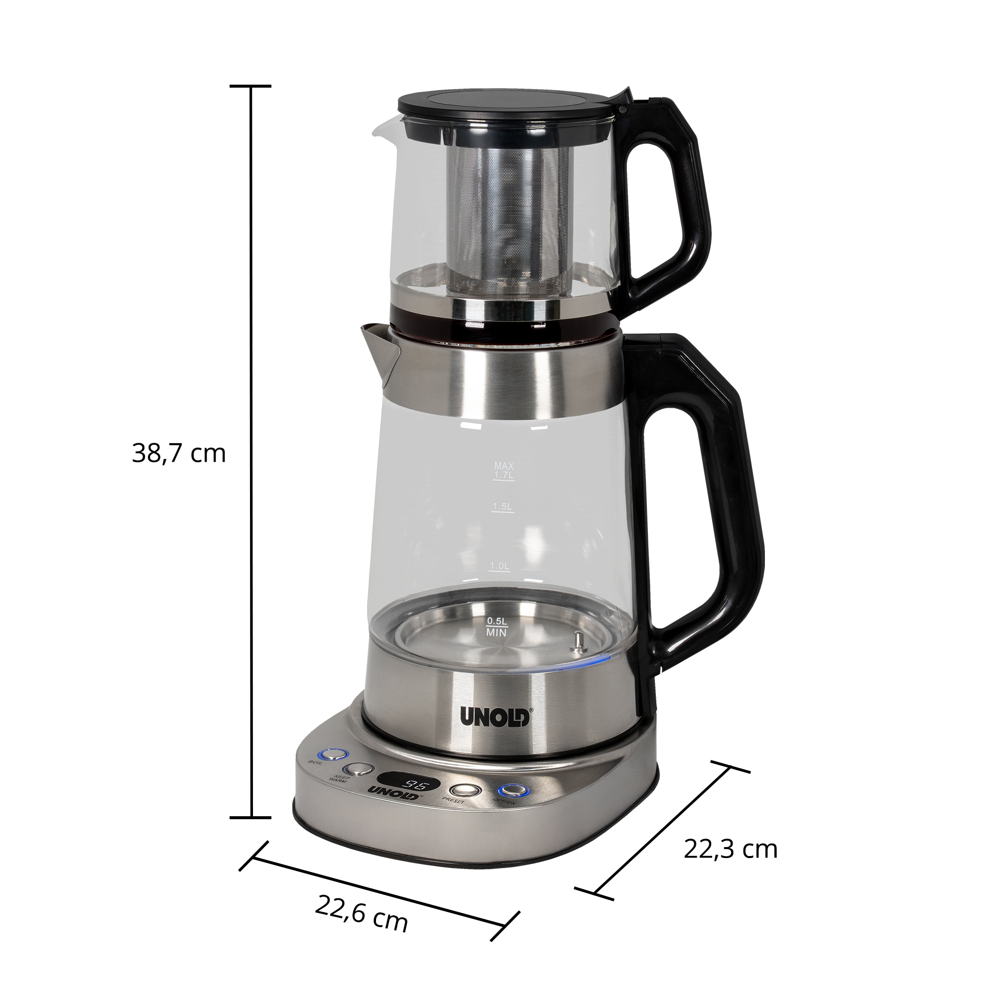 Un bollitore in vetro con base in acciaio inox e manico nero.