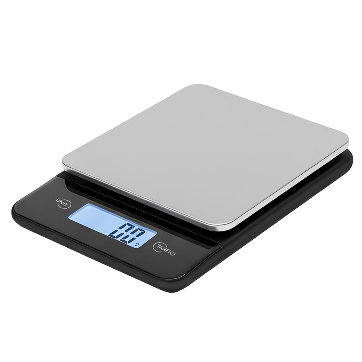 Digitale Küchenwaage mit silberner Plattform und schwarzem Gehäuse.