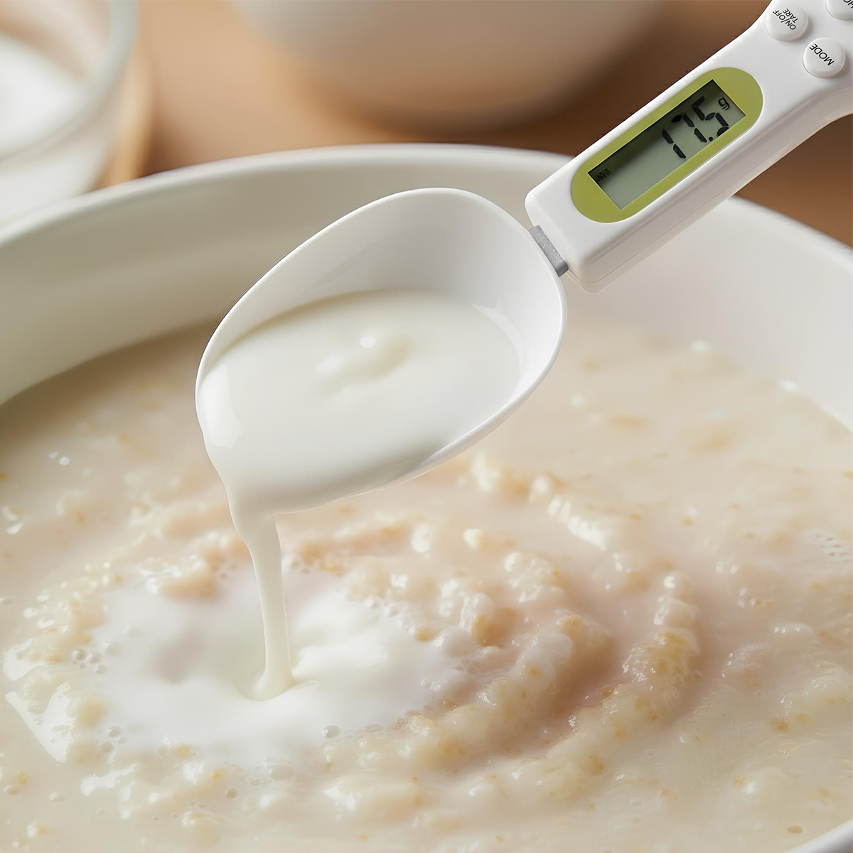 Ein Löffel mit Joghurt wird über eine Schüssel mit Haferflocken gegossen.