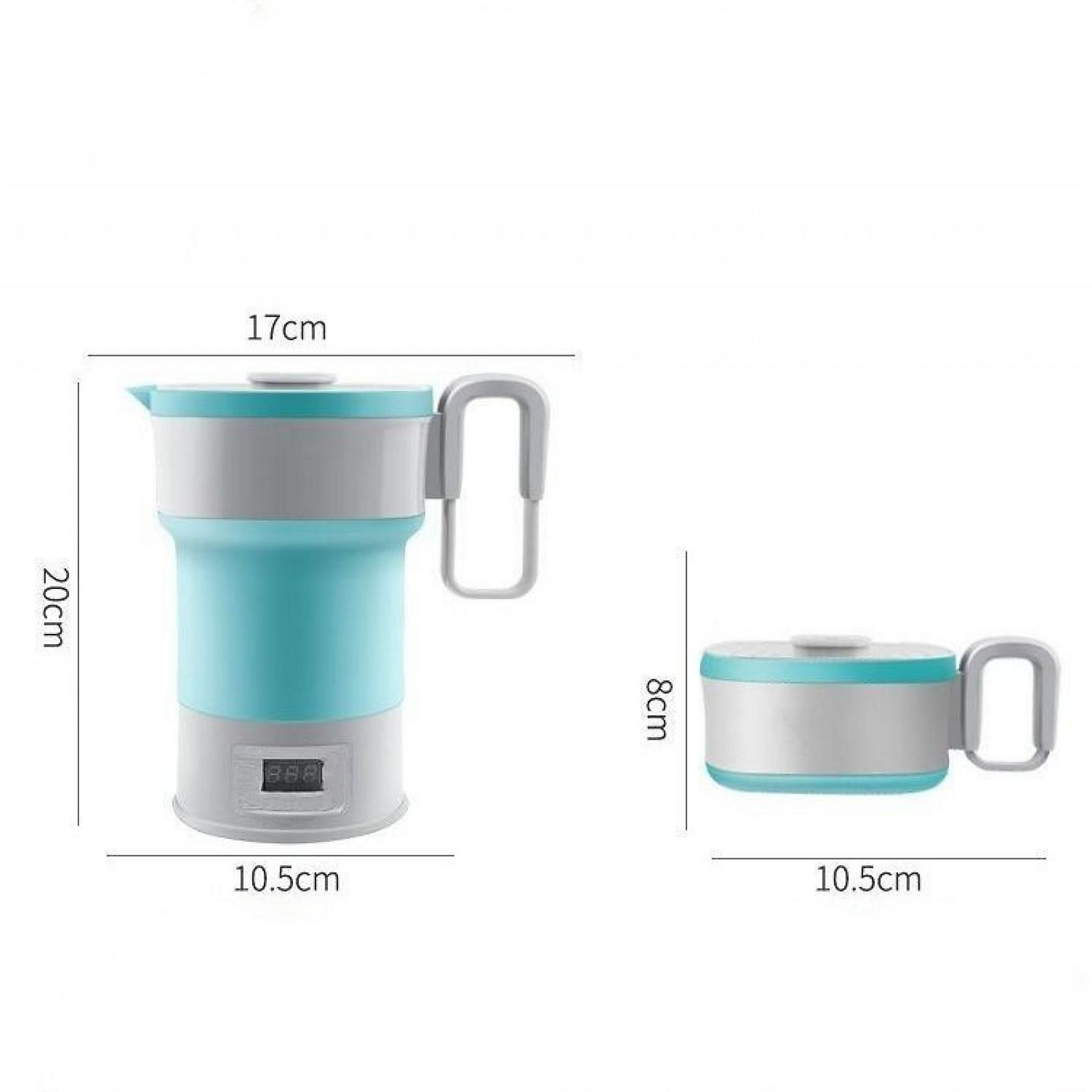 Ein zusammenklappbarer Wasserkocher in Blau und Grau mit Maßen.