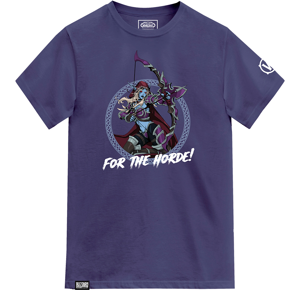 Ein blauer Troll mit Bogen und Pfeil, umgeben von einem Kreis, mit "For the Horde!"