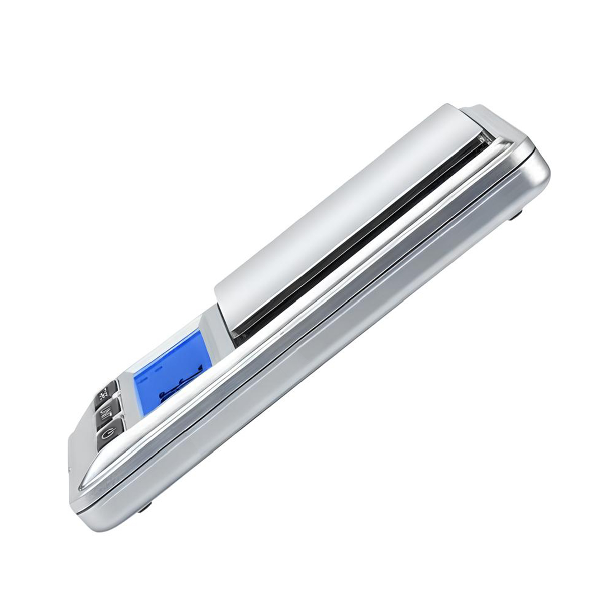 Eine schlanke, silberne Digitalwaage mit blauem LCD-Bildschirm und Tasten.