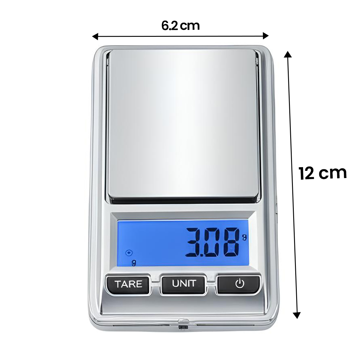 Kompakte Digitalwaage mit silberner Oberfläche und blauem LCD-Display, das 3.08g anzeigt.