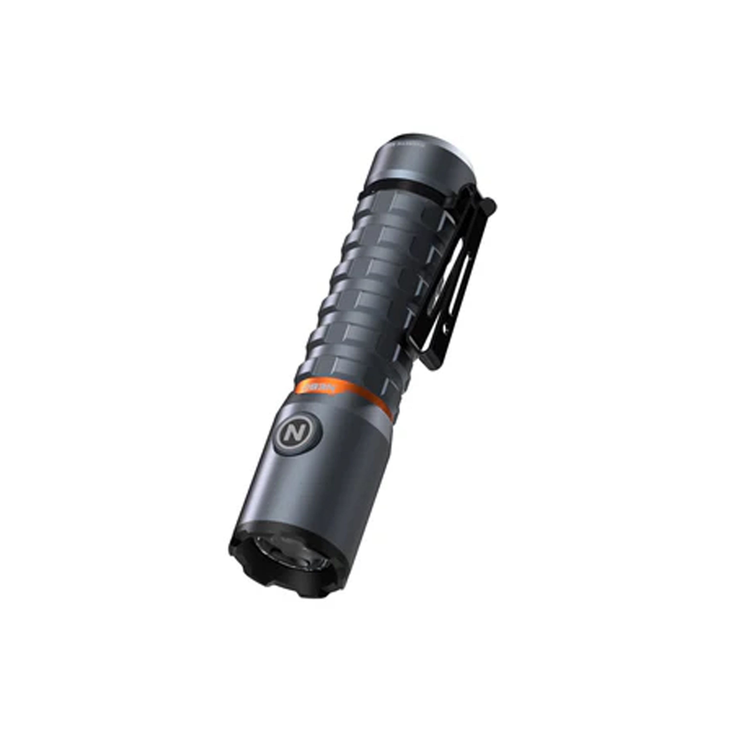 Lampe de poche grise avec anneau orange et logo N.