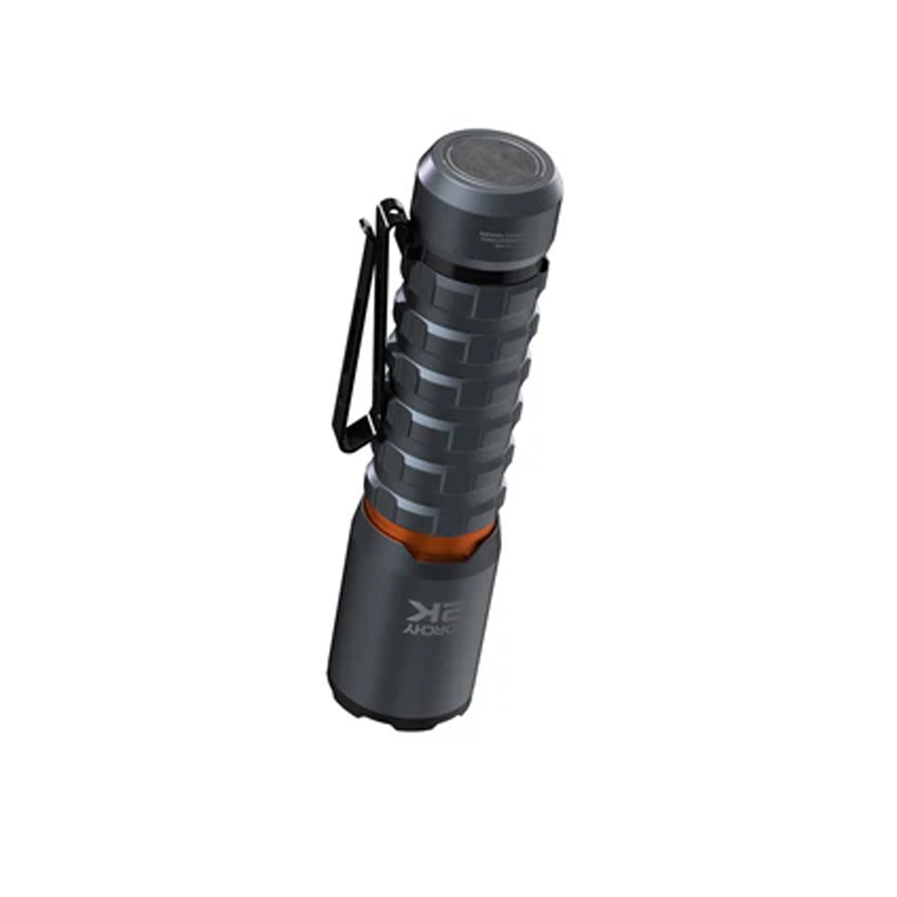 Une lampe de poche sombre avec bande orange et clip.
