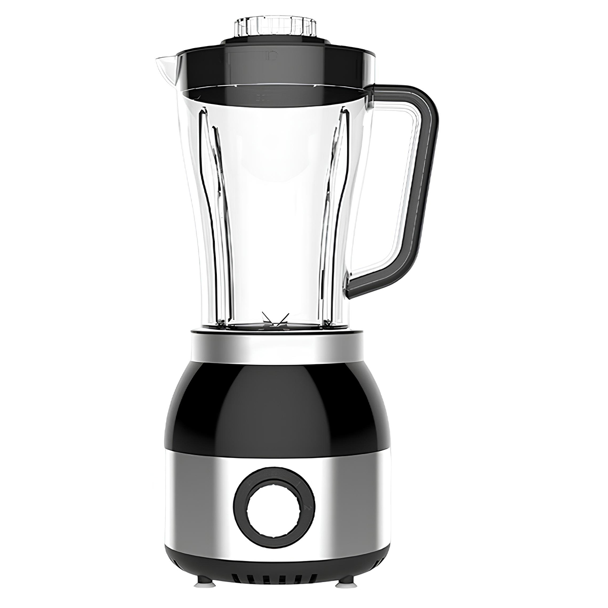Ein moderner schwarzer und silberner Standmixer mit einem transparenten Krug und schwarzem Deckel.