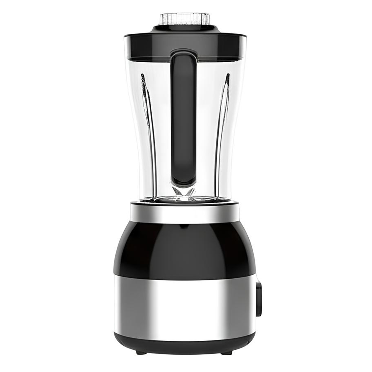 Ein schwarzer und silberner Standmixer mit Glasbehälter und schwarzem Deckel.