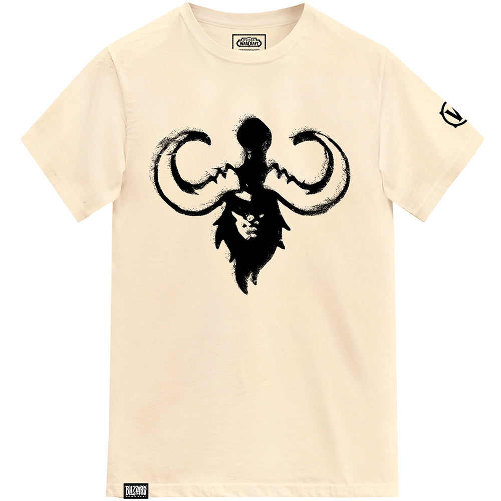 Beigefarbenes T-Shirt mit schwarzem Totenkopf-Design und Hörnern.