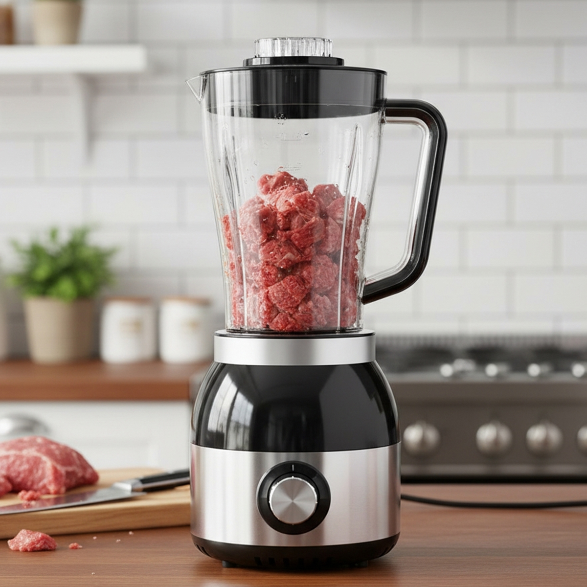 Ein Mixer mit rotem Fleisch im Glasbehälter steht auf einem Holztisch.