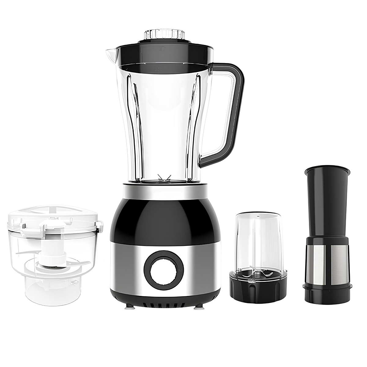 Ein schwarzer und silberner Mixer mit Zubehör: ein Zerkleinerer, ein Becher und ein Mahlaufsatz.