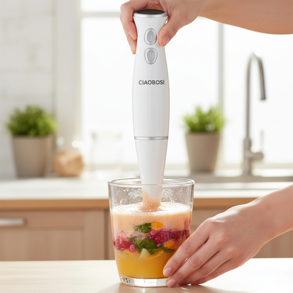 Eine Hand hält einen weißen Stabmixer, der Früchte in einem Glas mixt.