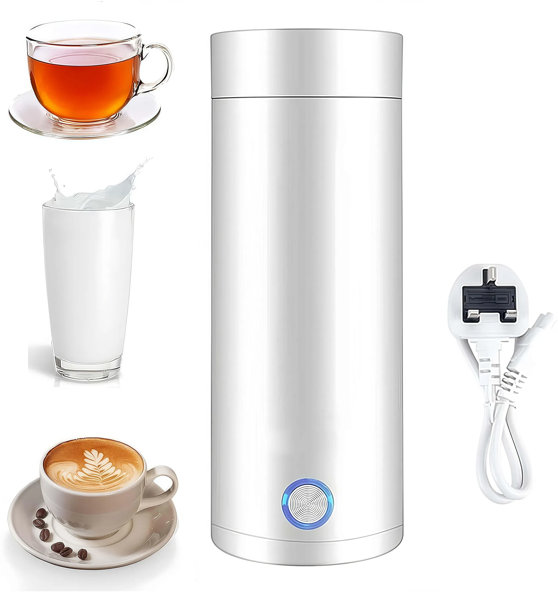 Ein weißer Wasserkocher mit Kabel und Stecker, daneben Tee, Milch und Kaffee.