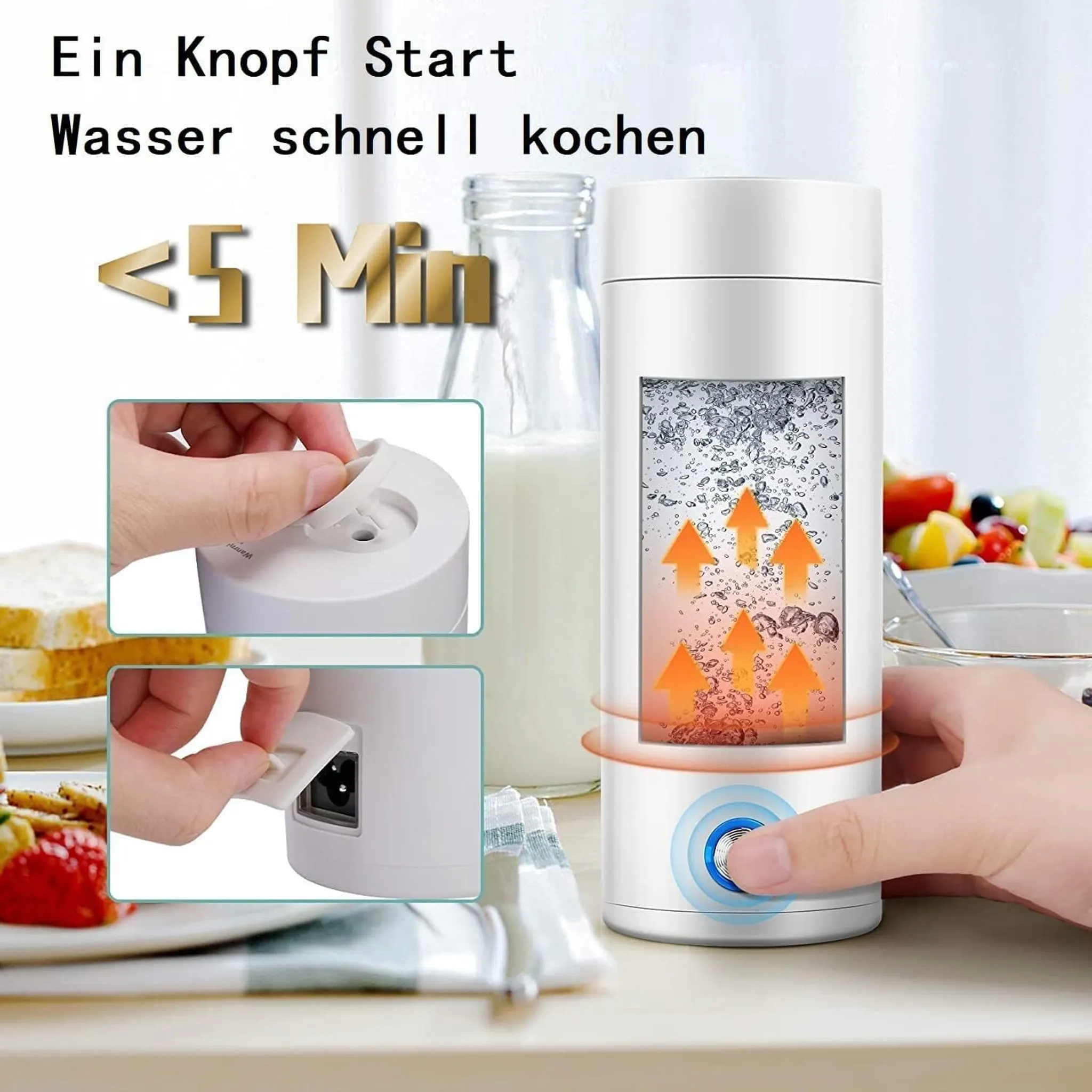 Ein weißer Wasserkocher mit aufsteigenden Pfeilen und Blasen. Toast und Obst im Hintergrund.