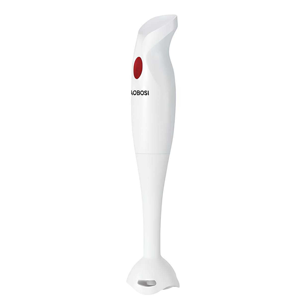 Ein weißer Stabmixer mit rotem Knopf und dem Logo "AOBOSt".